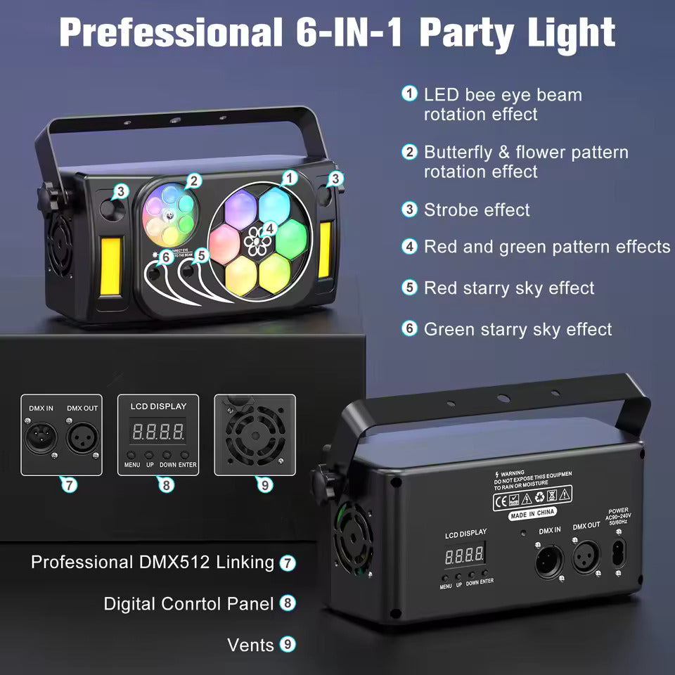 80W párty svetlo 6-v-1, LED pódiový reflektor s efektom včelieho oka, RGBW lúčové efekty so stroboskopom pre DJ, diskotéky, párty, svadby a tanec