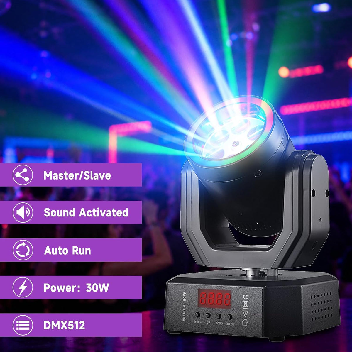 Mini 30W párty svetlo Moving Head RGB DMX512, ovládanie hudbou, stroboskop, pódiový reflektor pre DJ, disco párty a Vianoce