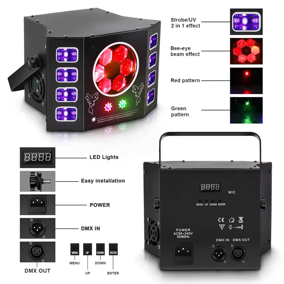 100W stroboskopický pódiový reflektor s včelím okom, 4-v-1 RGBW LED efektové svetlo, DMX512 DJ svetelný efekt pre diskotéky, párty, koncerty a nočné kluby