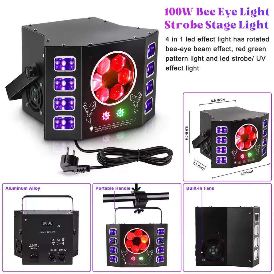 100W stroboskopický pódiový reflektor s včelím okom, 4-v-1 RGBW LED efektové svetlo, DMX512 DJ svetelný efekt pre diskotéky, párty, koncerty a nočné kluby