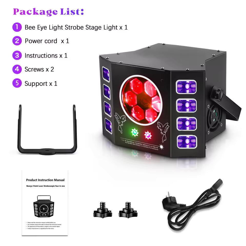 100W stroboskopický pódiový reflektor s včelím okom, 4-v-1 RGBW LED efektové svetlo, DMX512 DJ svetelný efekt pre diskotéky, párty, koncerty a nočné kluby