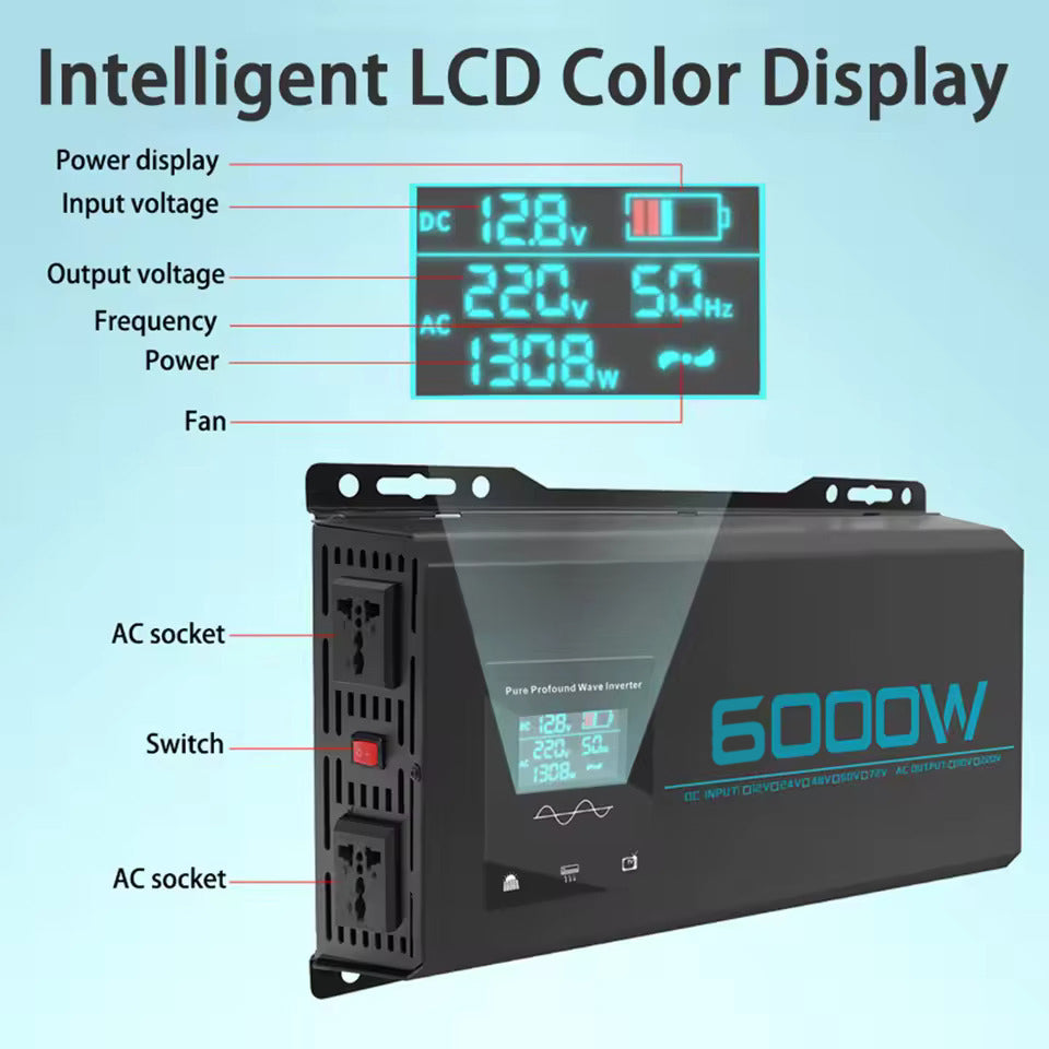 Reiner Sinuswellen-Wechselrichter – 12V & 24V auf 220V Dualspannung | 48V, 60V & 72V auf 220V Dreifachspannung | 5000W/6000W Optionen Ideal für Wohnmobile, Solarbatterien