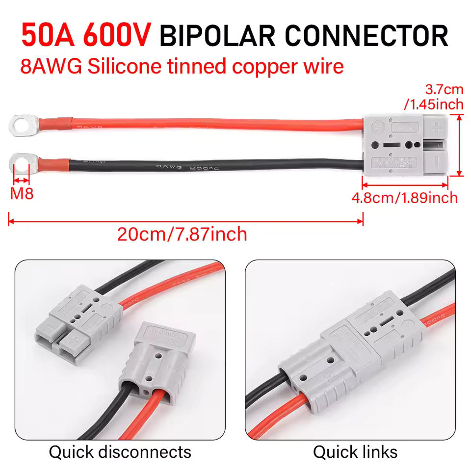 50A 600V Hochstromanschluss, Anderson 50A auf M8 Schnellbatterieanschluss, 8 AWG 20 cm Elektrokabel für LiFePO4-Batterie Golfwagen Gabelstapler