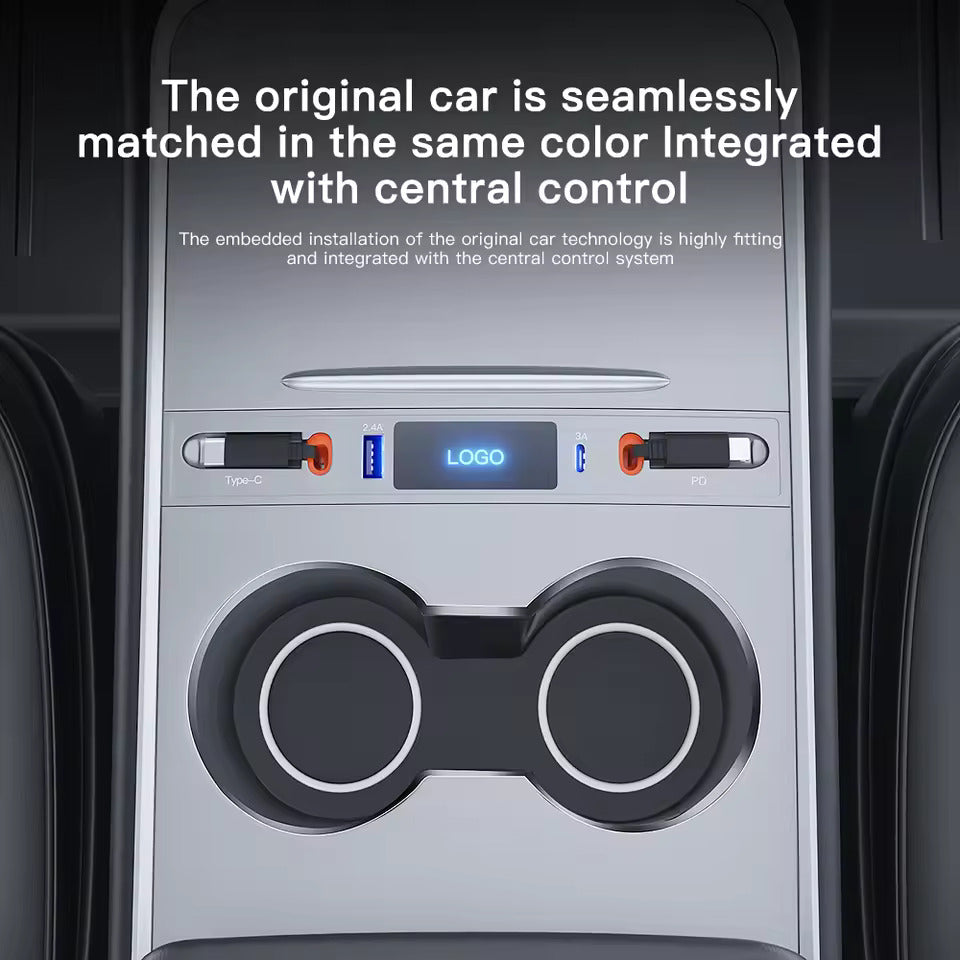 Schnellladegerät für Mittelkonsole – USB-C Lade-Dock & USB Splitter Hub, Kompatibel mit Tesla M3/Y (Highland 2024–2025 & Standard 2021–2024), intelligenter Adapter mit Strom-Verlängerungskabel