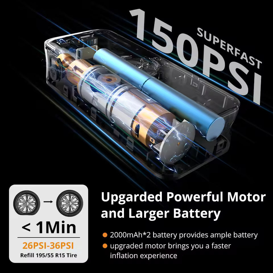 Elektrische Luftpumpe, 150 PSI Batterie-Luftpumpe, Voreingestellter Reifendruck für Auto/Motorrad/Fahrrad/Ball, Aufpumpen mit einem Knopf und automatischer Stopp, Fahrradpumpe mit LED-Licht und Powerbank