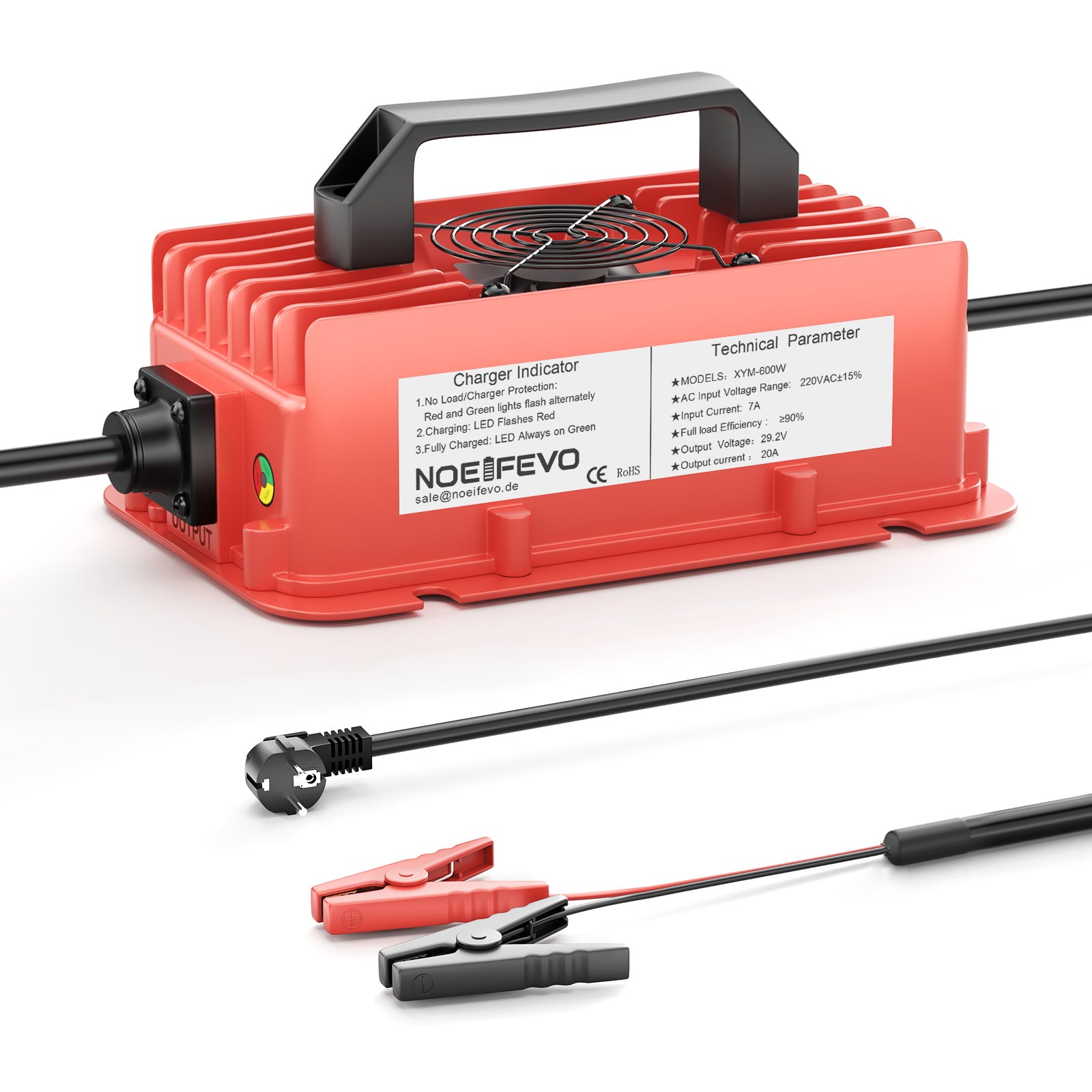 NOEIFEVO 29.2V 20A Wasserdicht LiFePO4 Akku-Ladegerät für 25.6V(24V) 8S Lithium Akku,0 V BMS-Aktivierung, mit Vollschutz