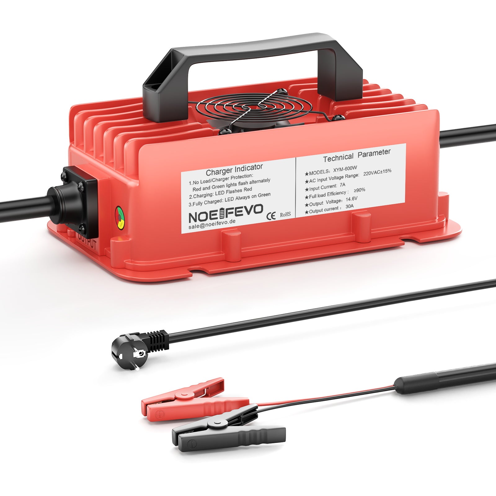 NOEIFEVO 14.6V 30A Wasserdicht Lithium LiFePO4 Akku-Ladegerät für 12V(12.8V) 4S LiFePO4 Akku, 0V BMS-Aktivierung, automatische Abschaltung mit vollem Schutz