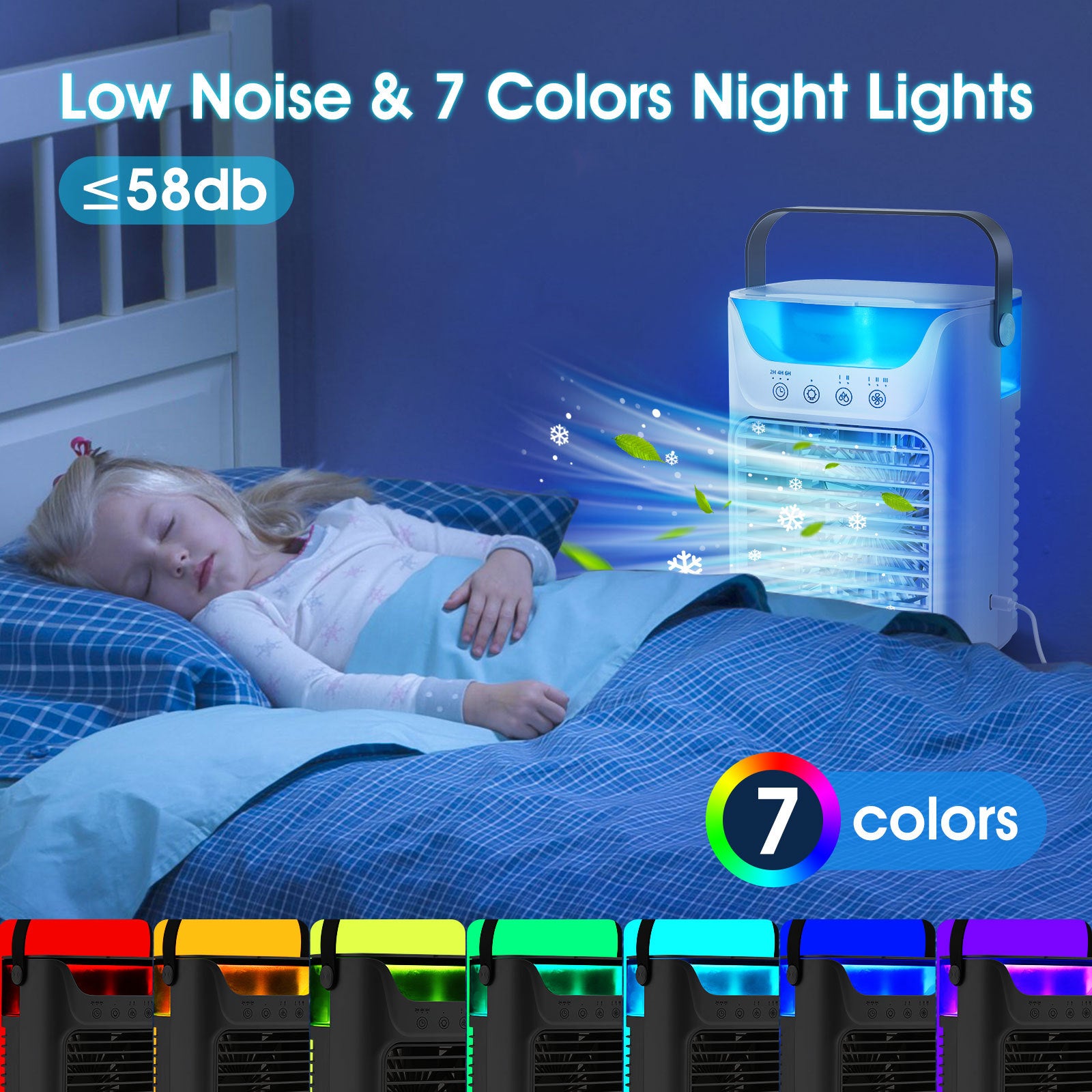 Mobile Klimaanlage, 700 ml Mini-Klimaanlage, tragbare mobile Klimaanlage mit USB 4 in 1, mit 2/4/6 Stunden-Timer, 3 Geschwindigkeiten und 2 Nebelmodi, 7 Farben, Mini-Luftkühler für Zuhause, Büro