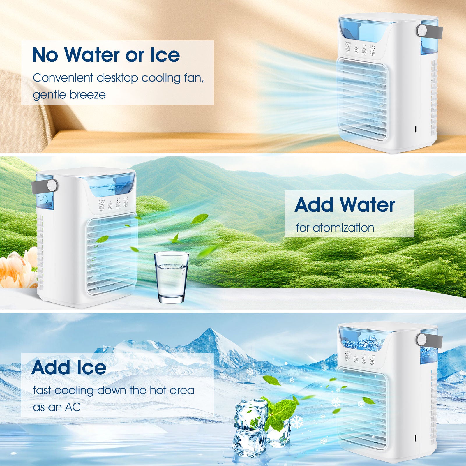 Mobile Klimaanlage, 700 ml Mini-Klimaanlage, tragbare mobile Klimaanlage mit USB 4 in 1, mit 2/4/6 Stunden-Timer, 3 Geschwindigkeiten und 2 Nebelmodi, 7 Farben, Mini-Luftkühler für Zuhause, Büro