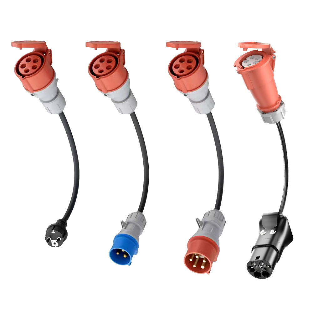 NOEIFEVO 11KW EV-Ladegerät Reise-Netzteil-Adapter-Set, CEE16A 3-Phasen-Steckdosenadapter auf CEE rot 32A/CEE blau 16A/230V Haushaltssteckdose/Typ 2 Stecker